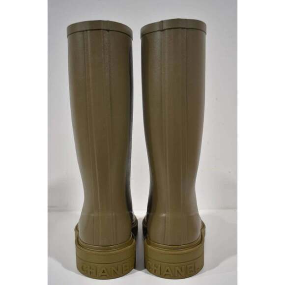 Chanel 22K Dark Beige Caoutchouc White CC Logo High Pull On Rubber Rain Boots 41 - Picture 8 of 12